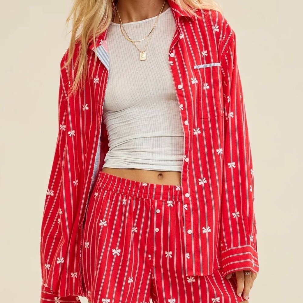 NWT Aerie Flannel Pajama Shirt and Girl Boxer Set Size XS in Bright Red